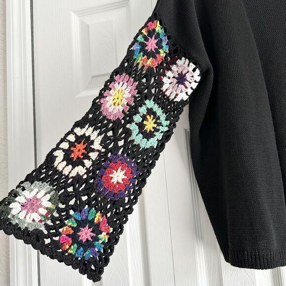 Black Open Front Cardigan Medium Crochet Colorful Granny Square Sleeve Boho - Picture 4 of 13
